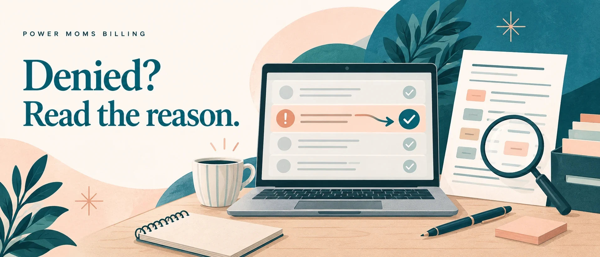 Denied read the reason with an illustrated laptop, claim rows, remittance document, magnifying glass, and checkmark path.