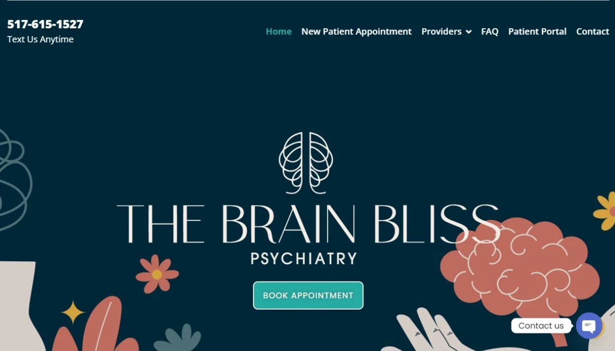 The Brain Bliss Psychiatry website, with teal branding and a clear appointment button