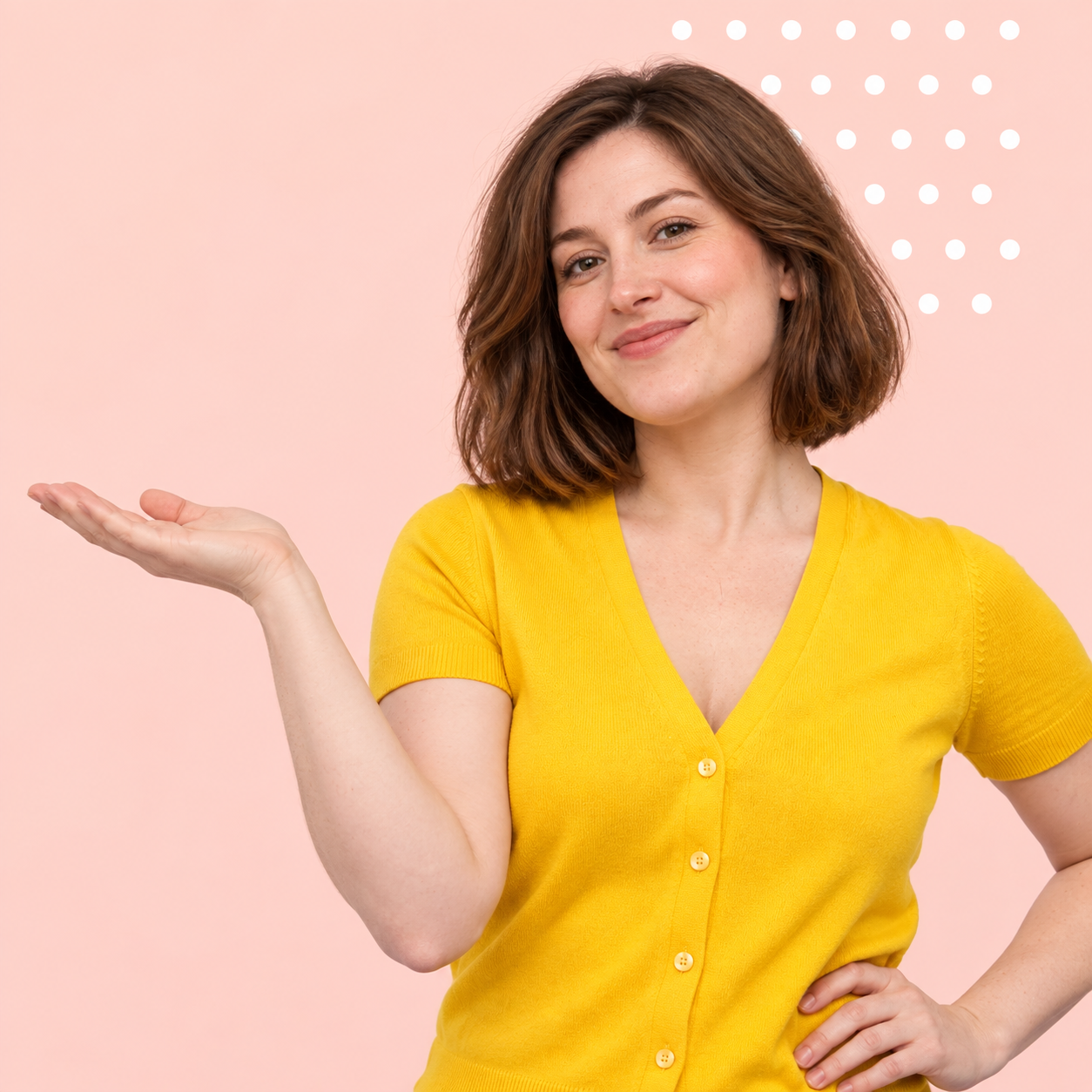 Woman in yellow offering a welcoming open hand