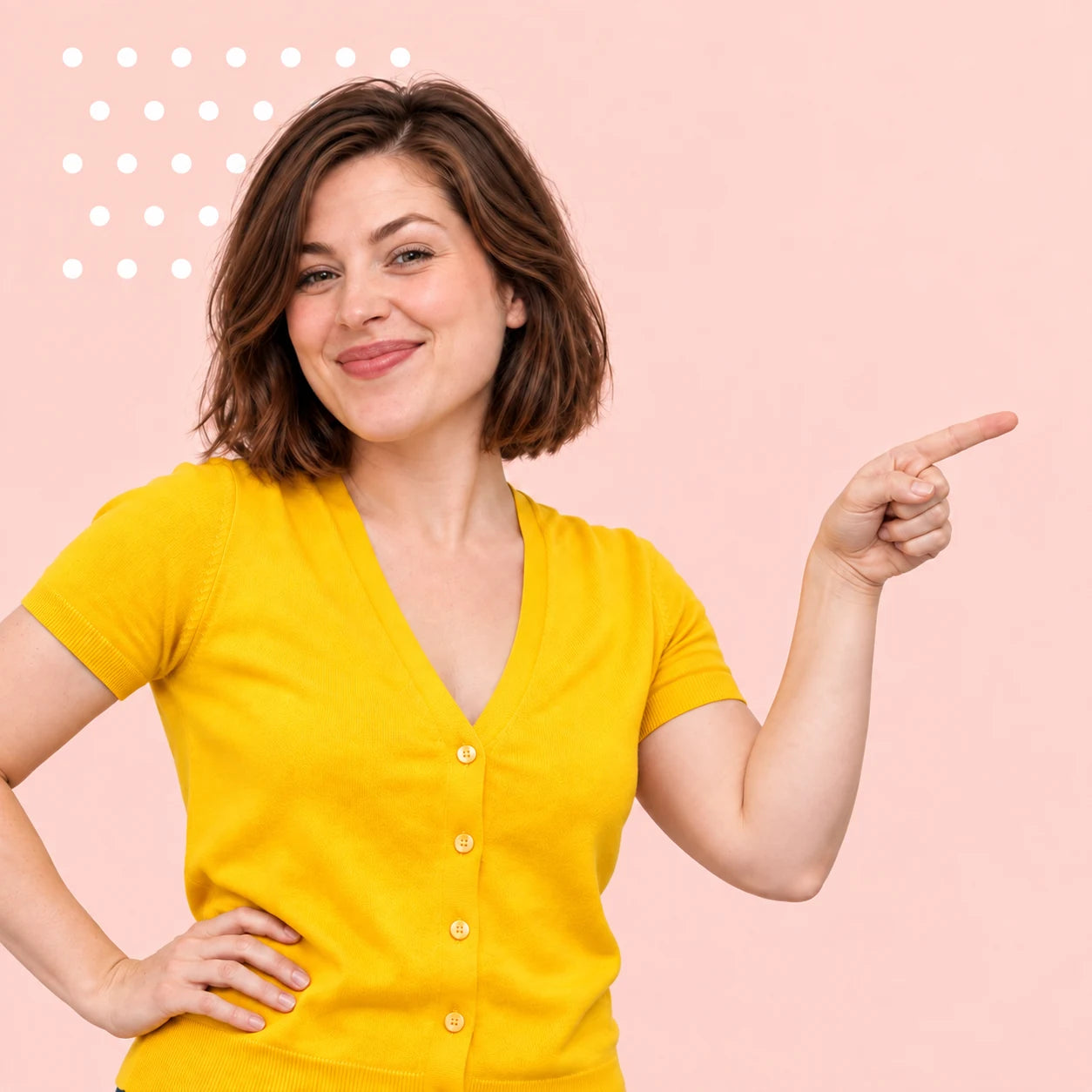 A smiling woman in yellow pointing toward the practice resources